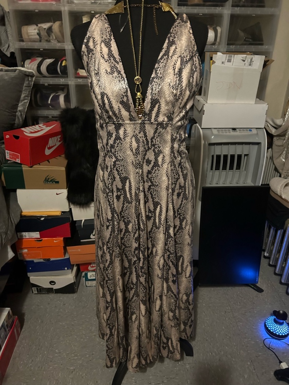 Jennifer Lopez Snake Print Midi Dress in Beige and Black